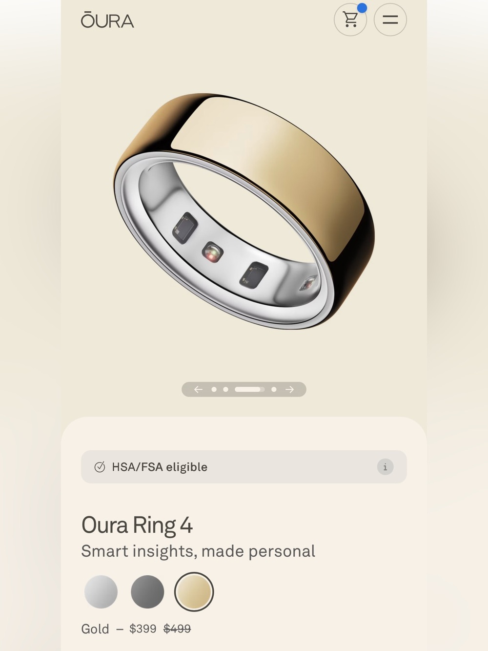 Gold Oura Ring 4 - Size 8 with assorted silicone covers